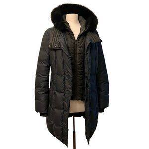Soiaโ& Kyo Christy Down Fur Hood Quilted Puffer Marine Coat L Navy Black Maxi